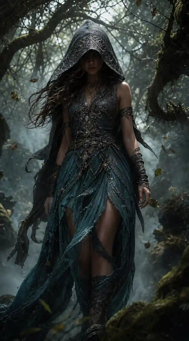 Hooded woman in tattered teal dress in misty forest