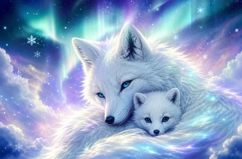 Dreamy Arctic Fox Kit Nestled Against Its Mother