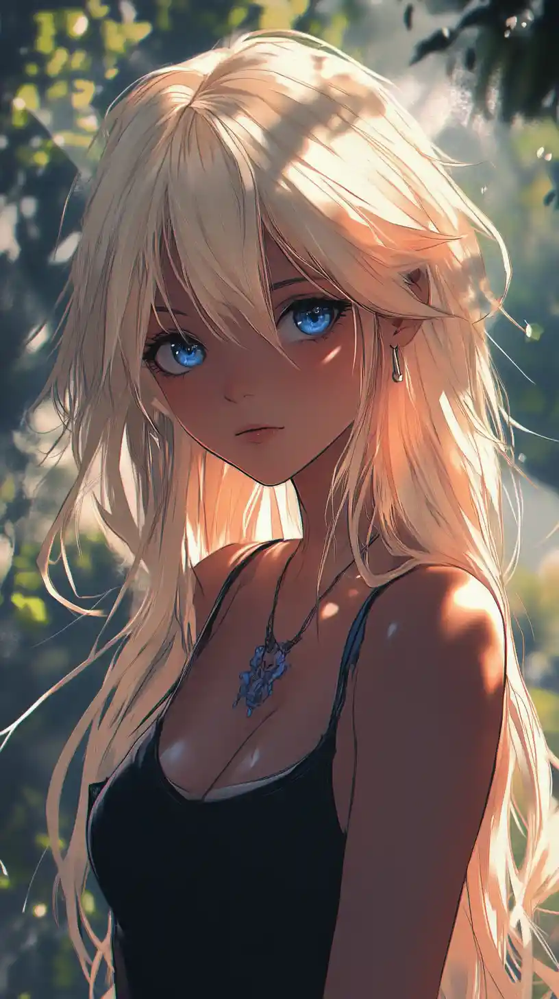 Blonde anime girl with red apple in a dark forest