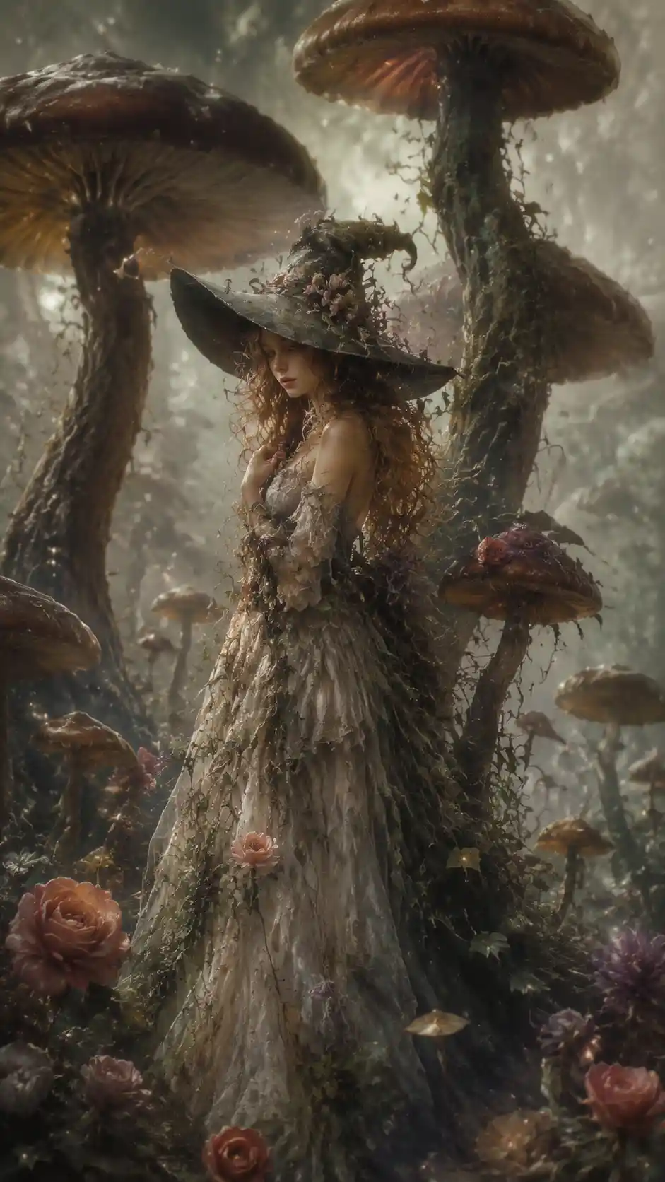 Fairy woman among towering mushrooms in a misty forest