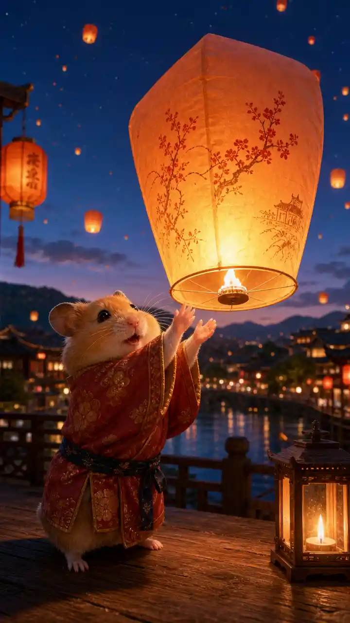 Cute golden hamster in kimono with lantern at dusk