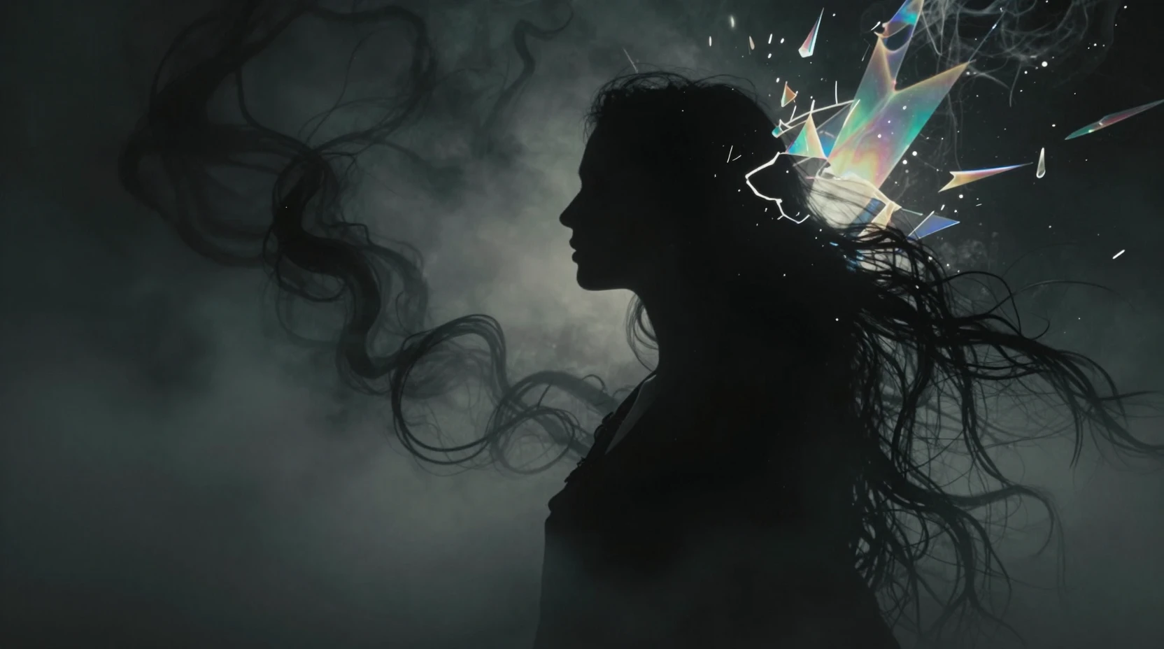 Silhouette of a woman dissolving into storm light