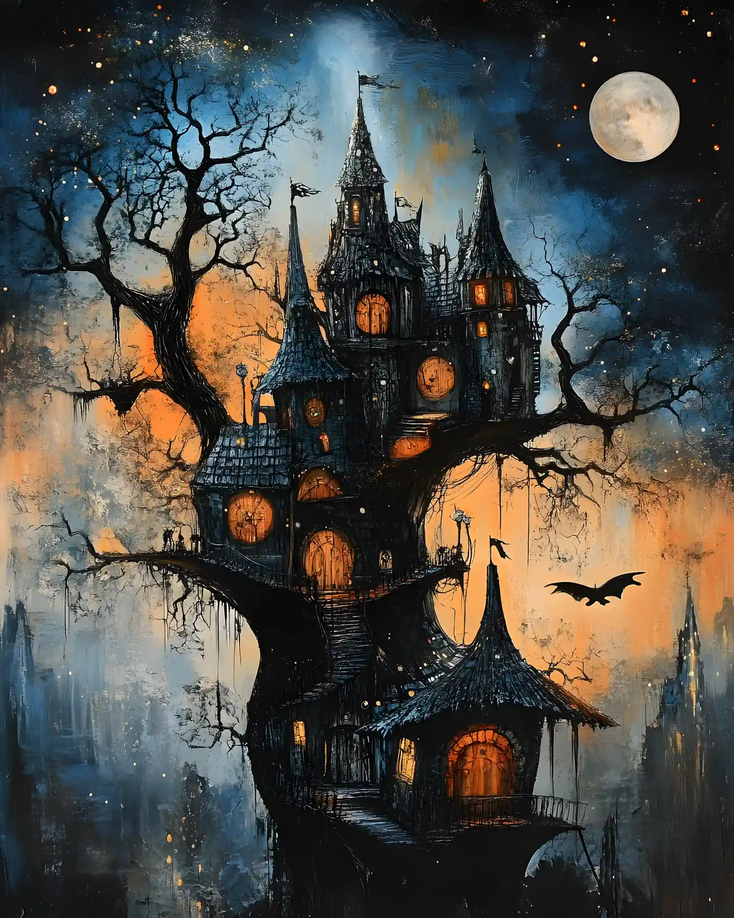 Whimsical fantasy scene in rich orange black and blue tones