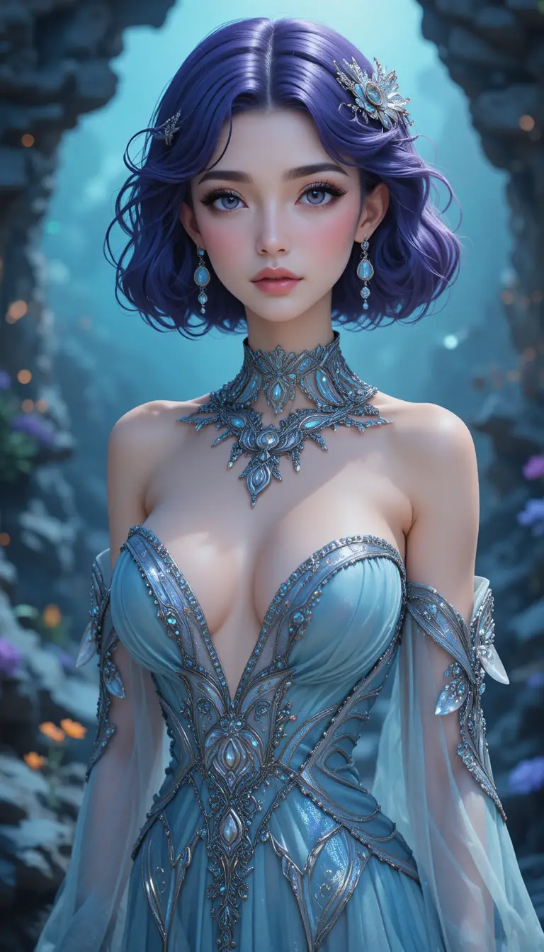 Elegant anime mermaid nymph woman in flowing oceanic attire