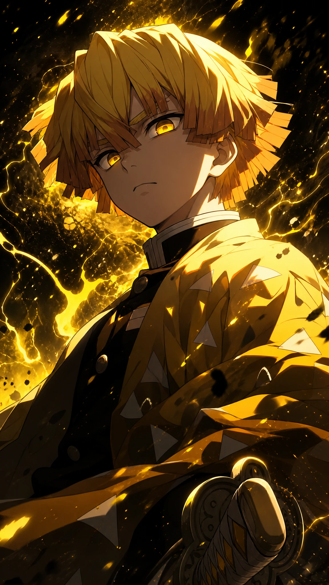 Anime warrior in golden energy against dark abstract void