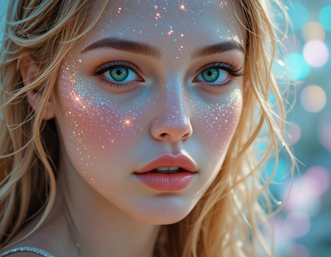 Dreamy close up of woman with glittering wet golden hair