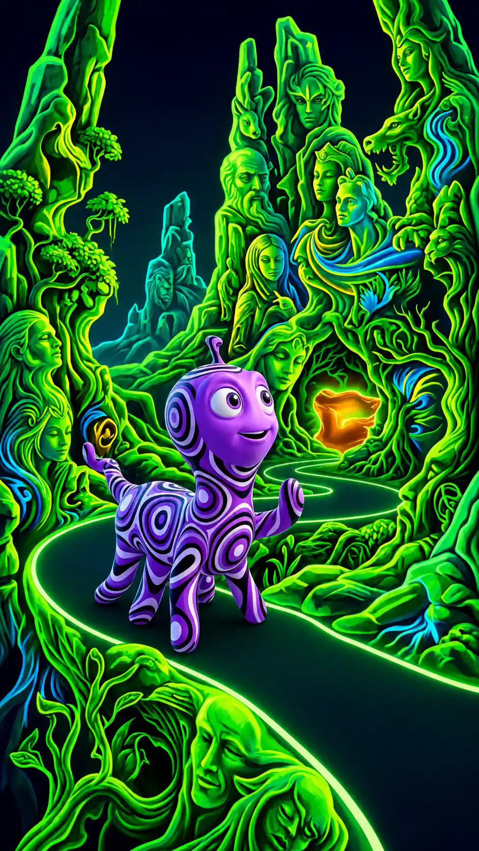Curious purple creature in a surreal neon green world