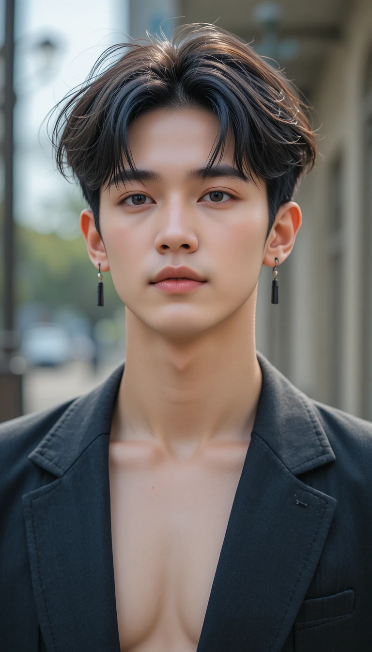 Stylish young Korean man in outdoor half body portrait