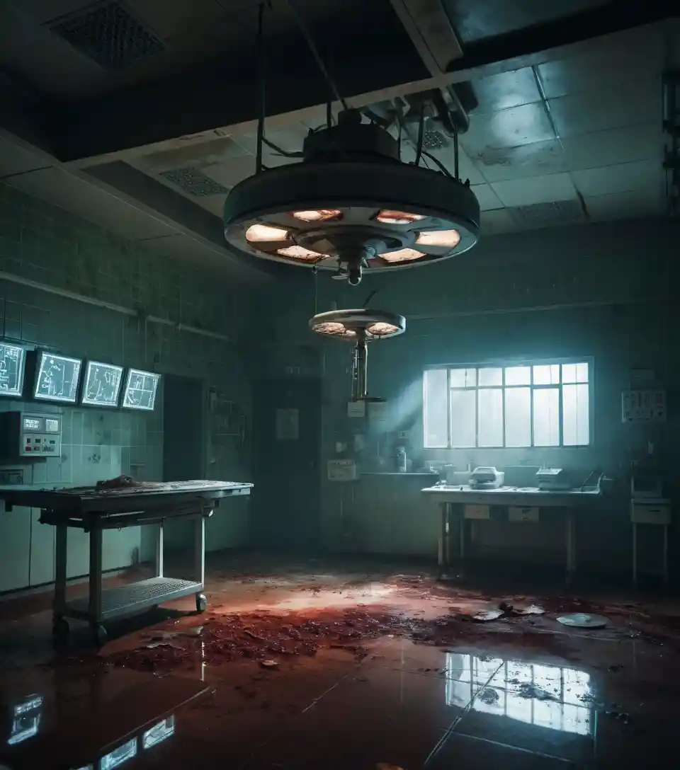 Decaying Hospital Operating Room With Suspended Surgical Equipment