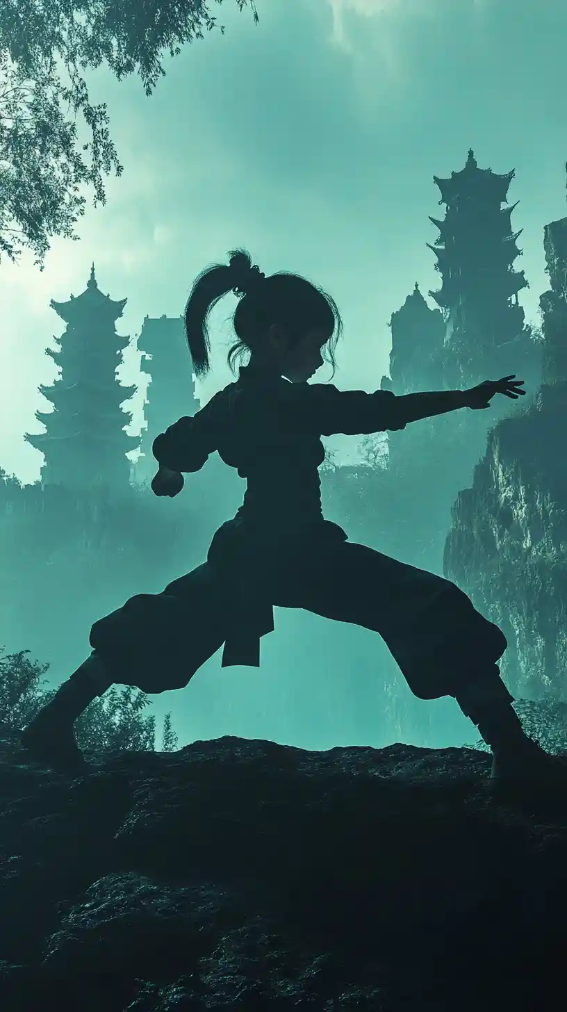 Martial arts girl silhouette on misty mountain temple peak