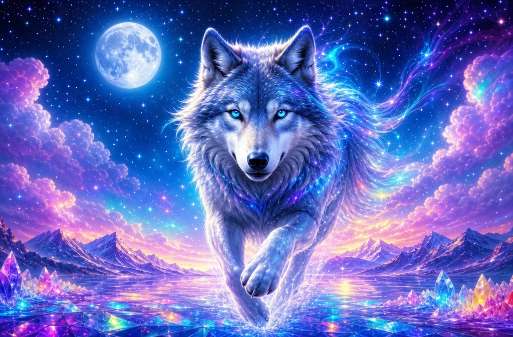 Smiling silver blue wolf lunging under a starry sky