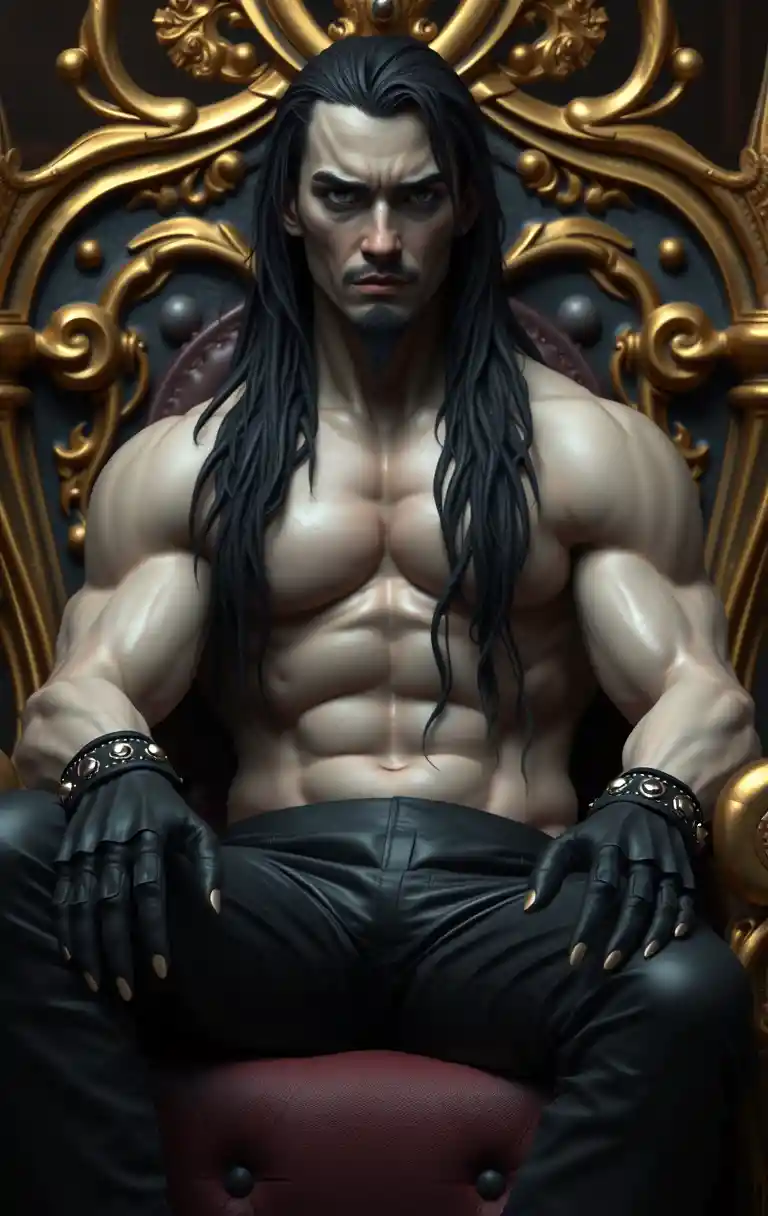 Muscular man on gold throne in digital sculpture style