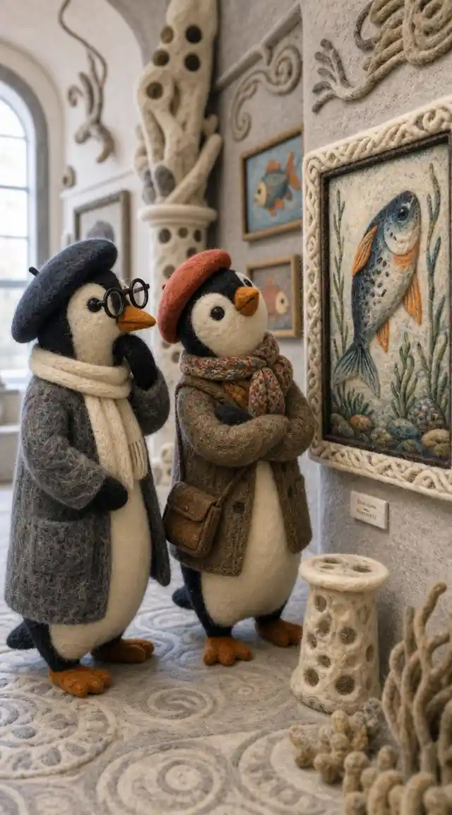 Anthropomorphic penguin artists studying a fish painting in gallery