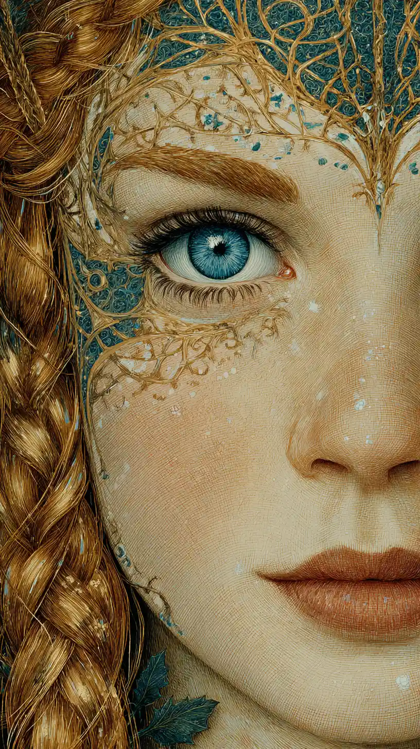 Ethereal Celtic goddess close up with luminous blue eyes