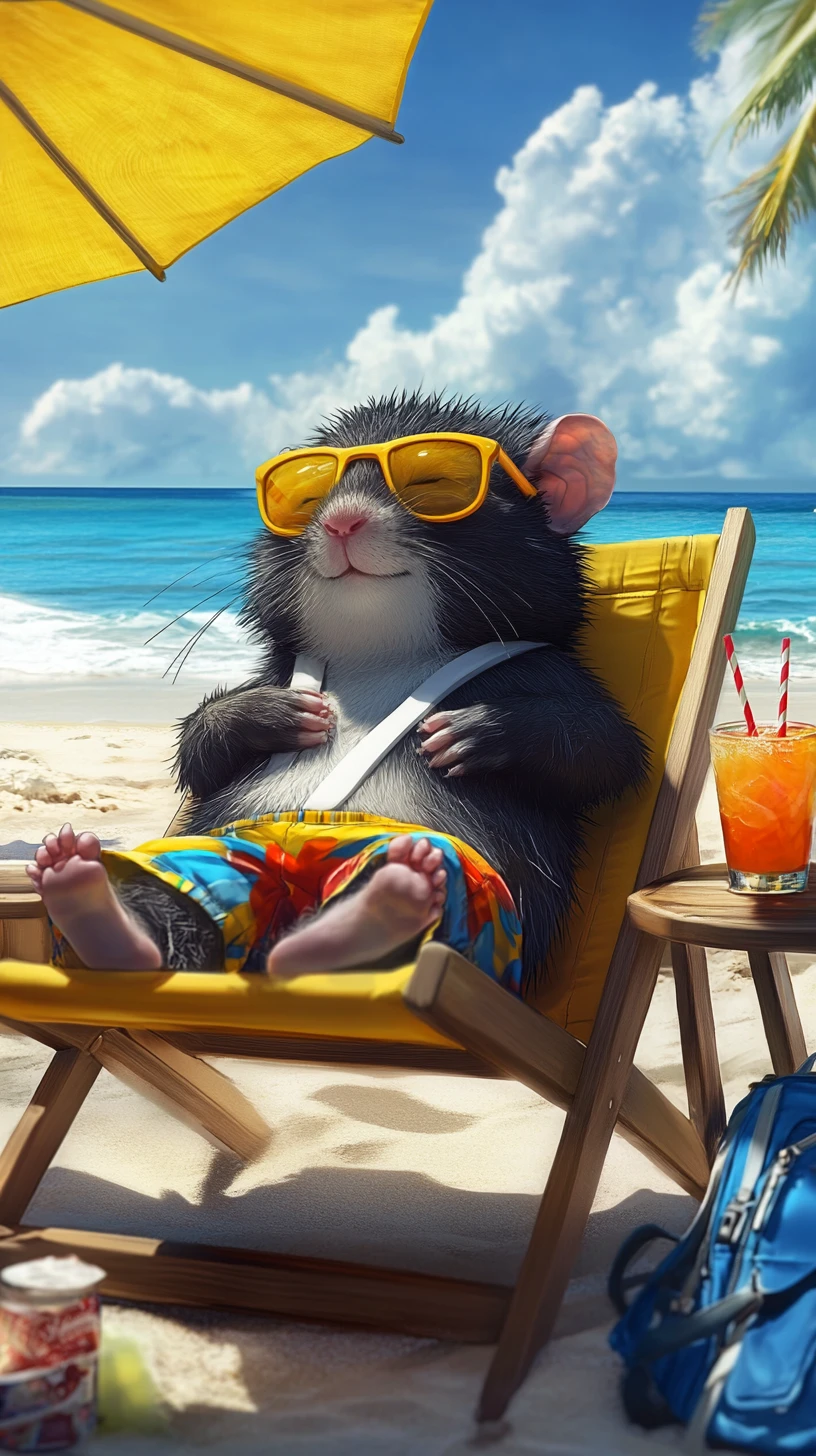Roedor de caricatura relajado tumbado en una playa soleada