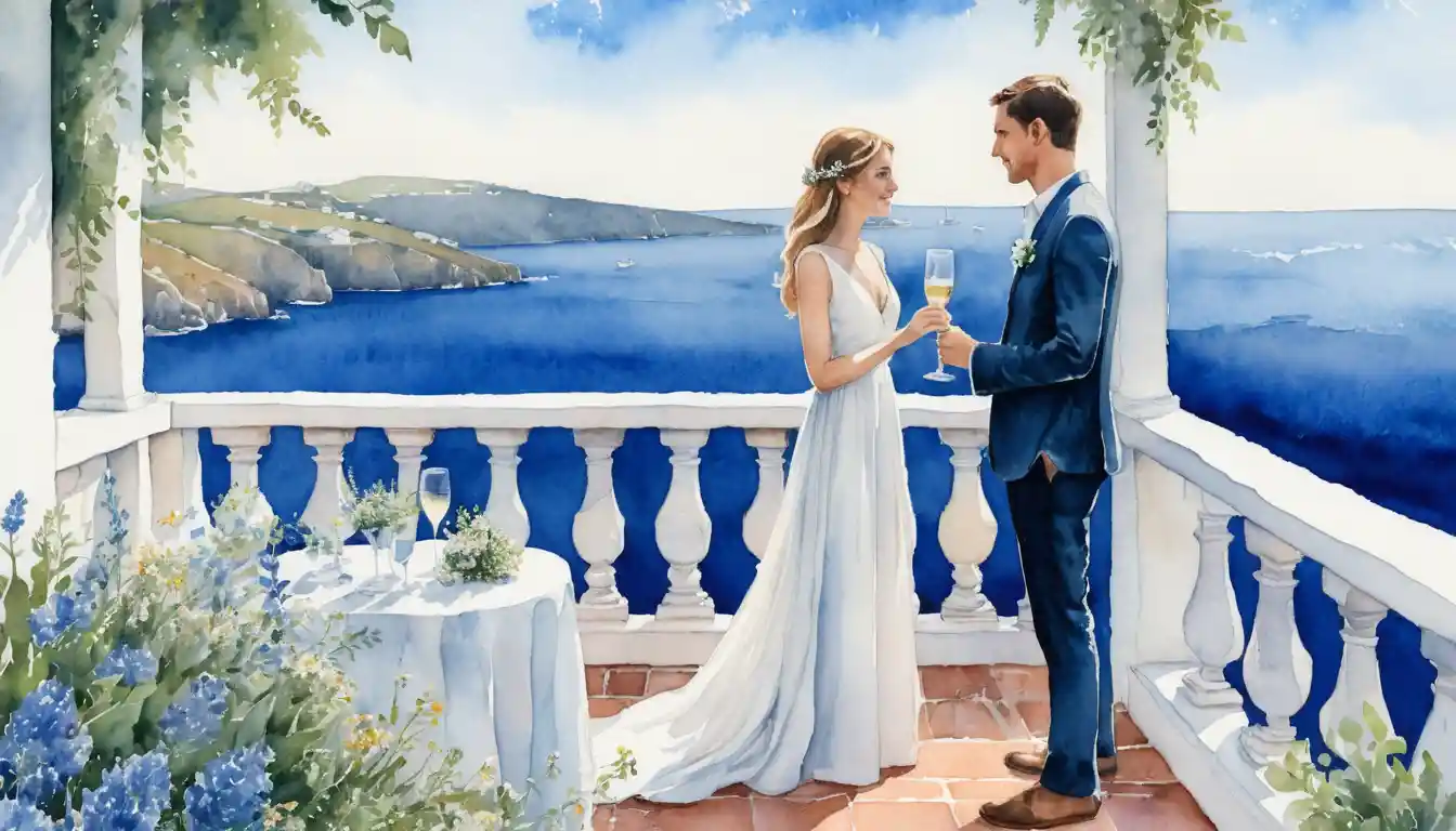 Aquarell-Hochzeitsszene: Paar stößt auf Meeres-Terrasse an