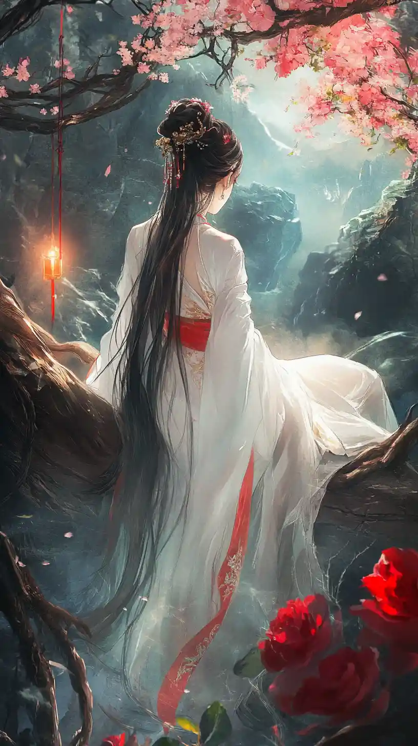 Woman in white hanfu beneath glowing cherry blossoms