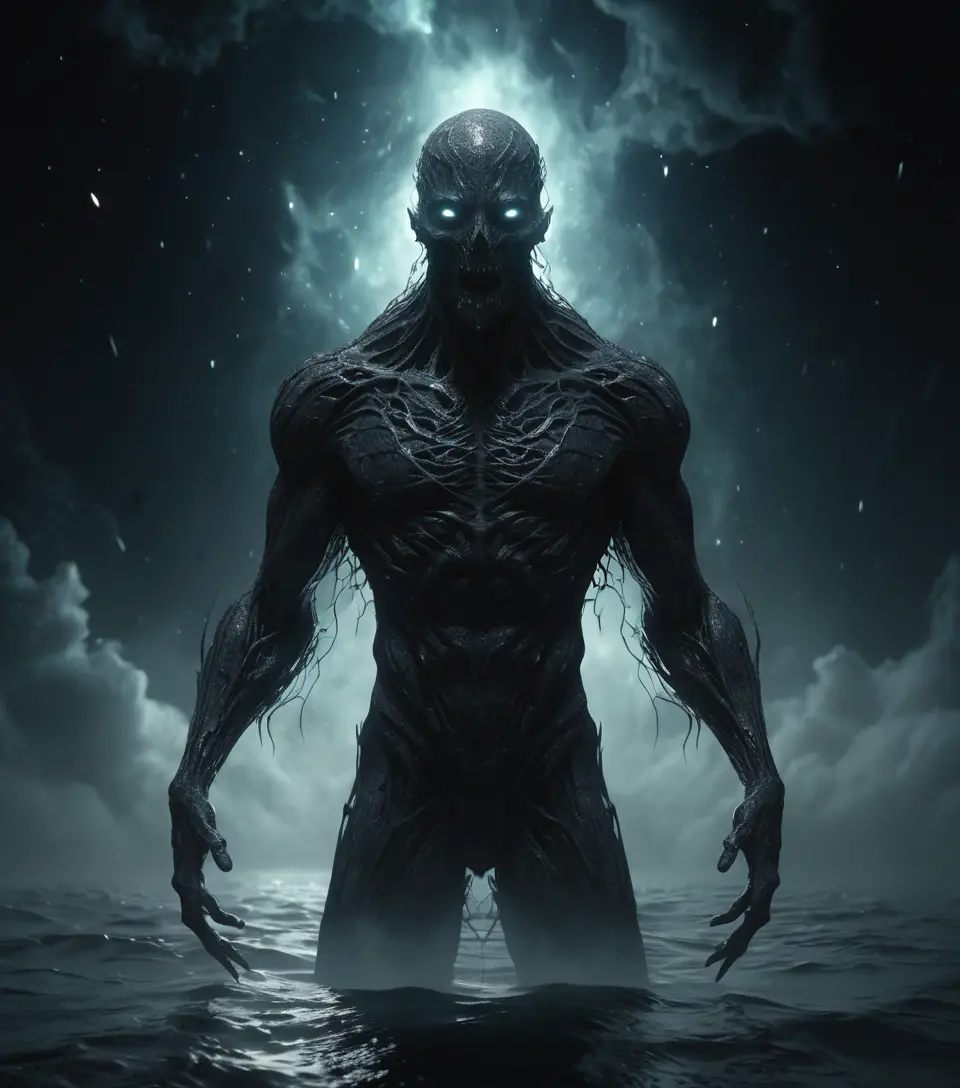 Ancient cosmic monster rising from a black ocean