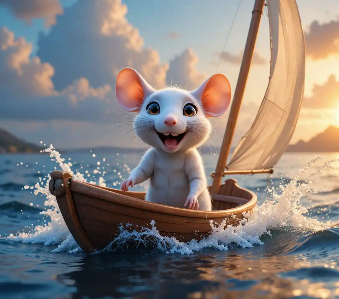 Young white mouse sailing a walnut shell canoe at sunset