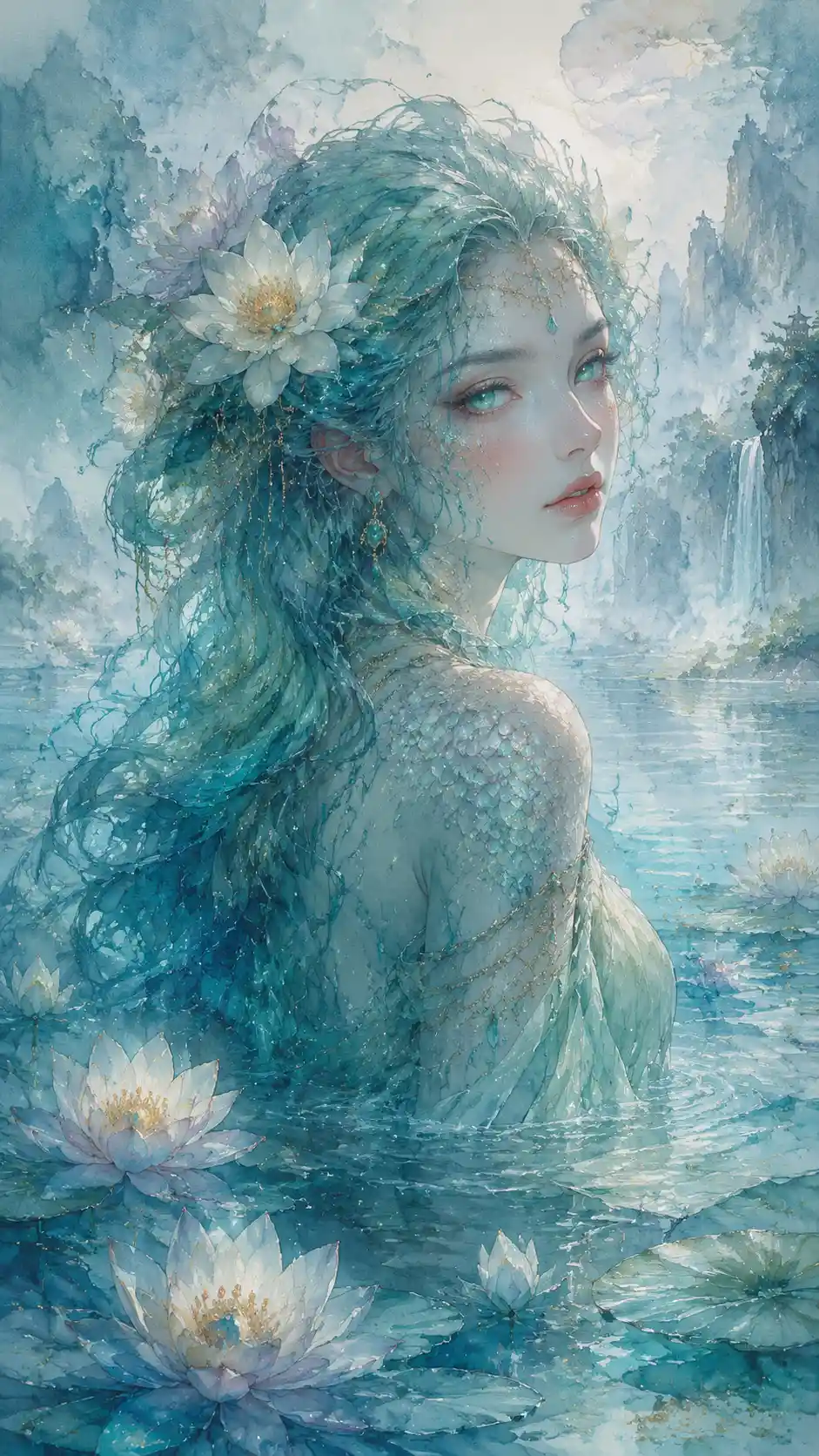Watercolor river nymph with flowing turquoise hair and lilies