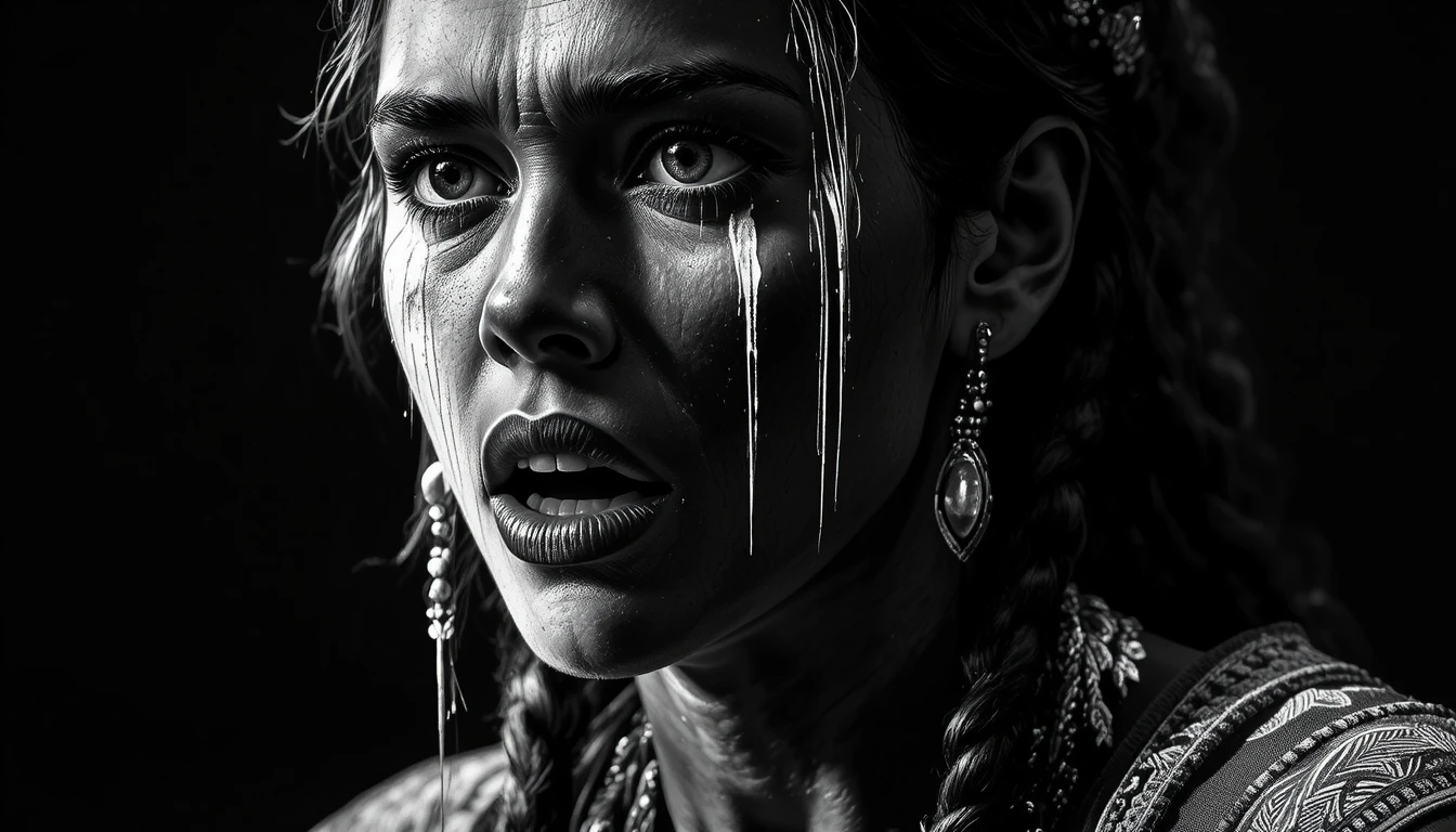 Terrified Mexica mother in stark black and white portrait