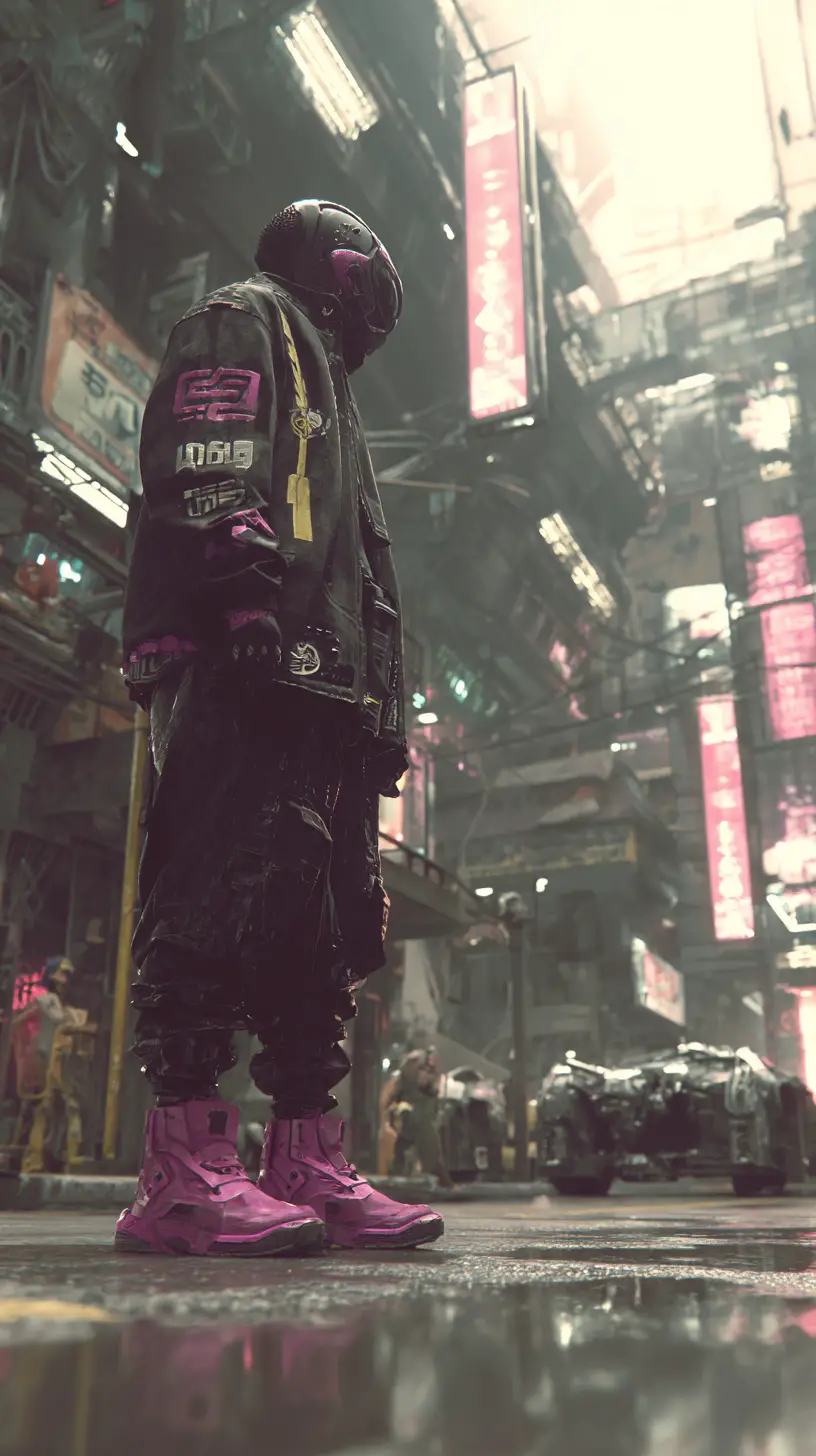 Man standing in a gritty urban street scene