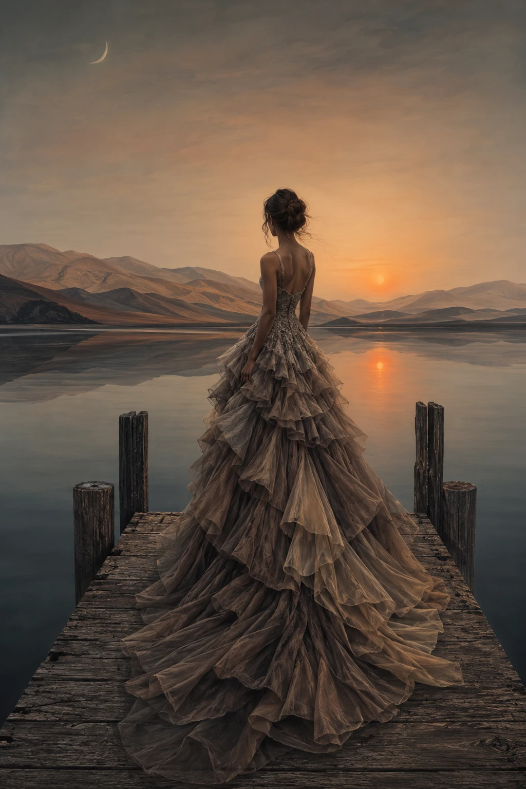 Elegant woman in ruffled evening gown by a quiet lake