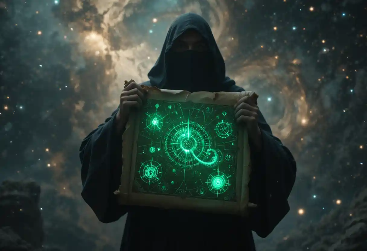 Dark monk with glowing scroll in a deep cosmic void