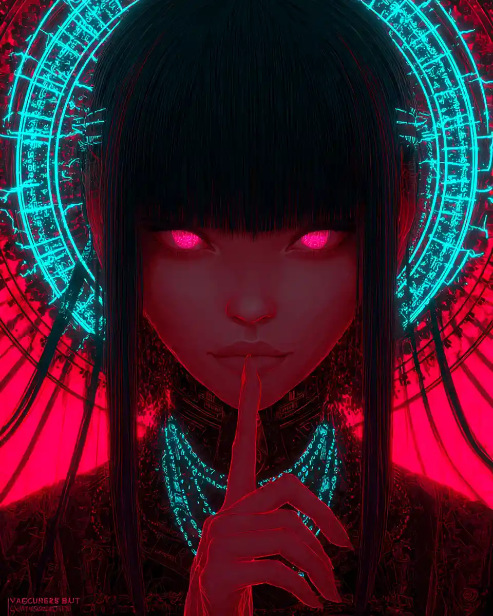 Cyber occult anime woman with glowing neon runes