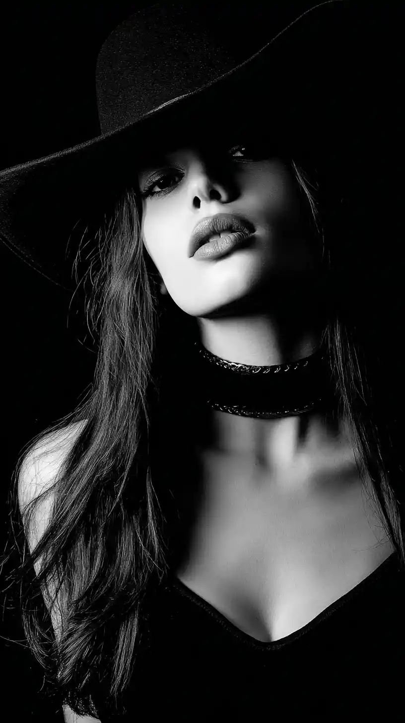 Dramatic black and white portrait of woman in cowboy hat
