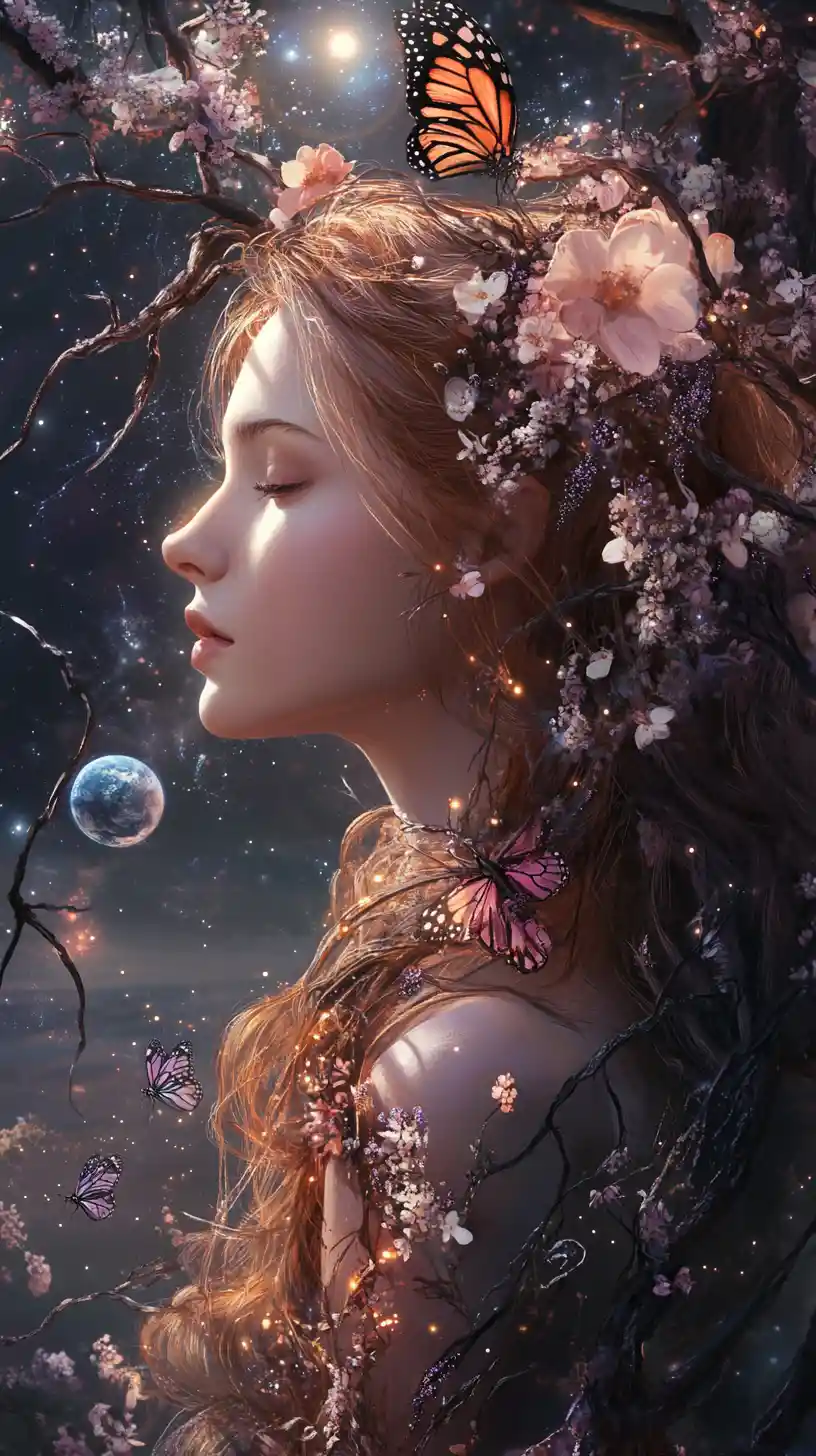 Ethereal Woman In Profile Against A Cosmic Floral Horizon