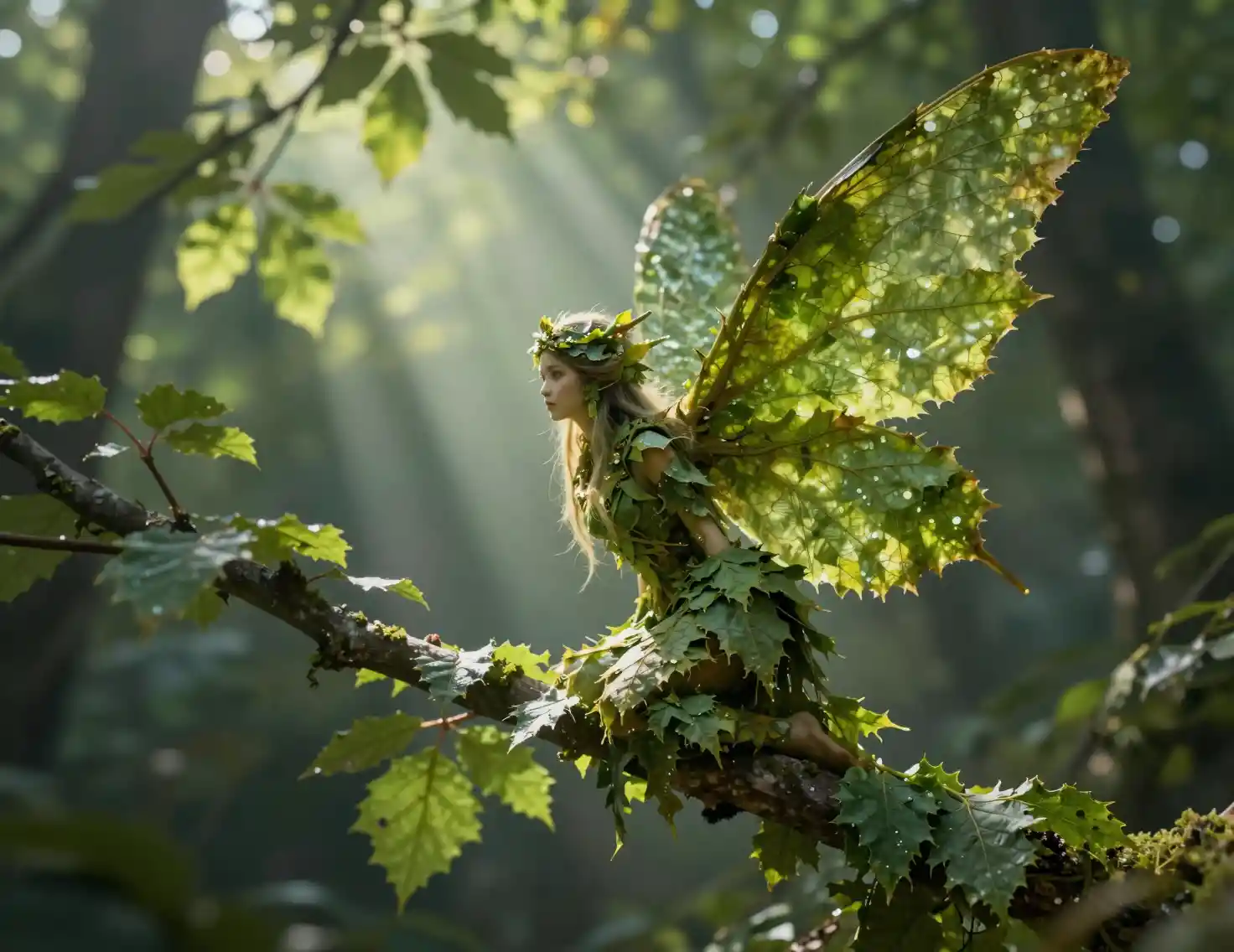Fée des feuilles cachée sur une branche de la forêt en contre-jour