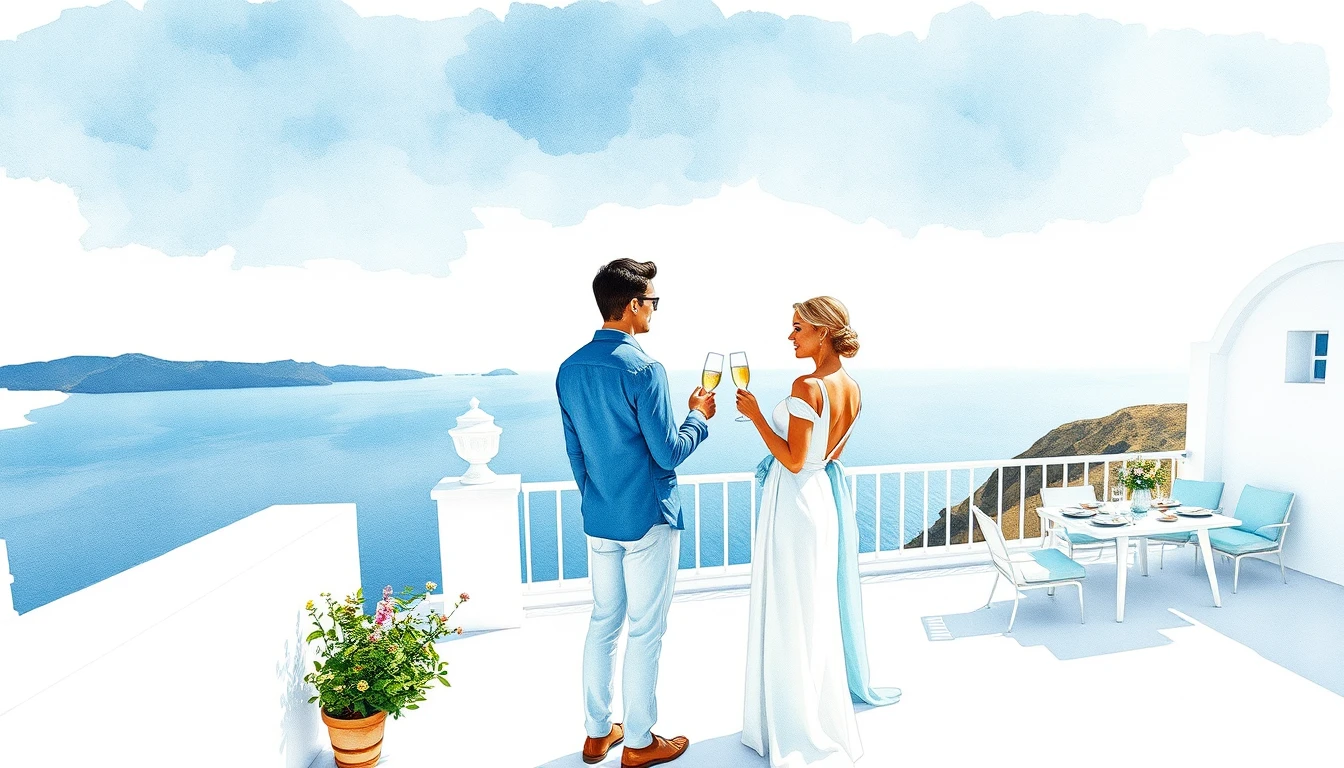 Hochzeitspaar beim Anstoßen auf Meeres-Terrasse – Aquarellszene