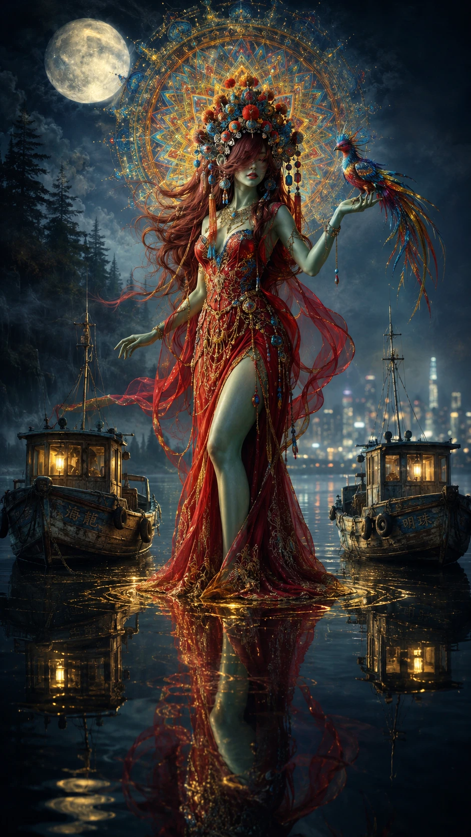 Surreal moonlit woman rising between quiet riverside boats