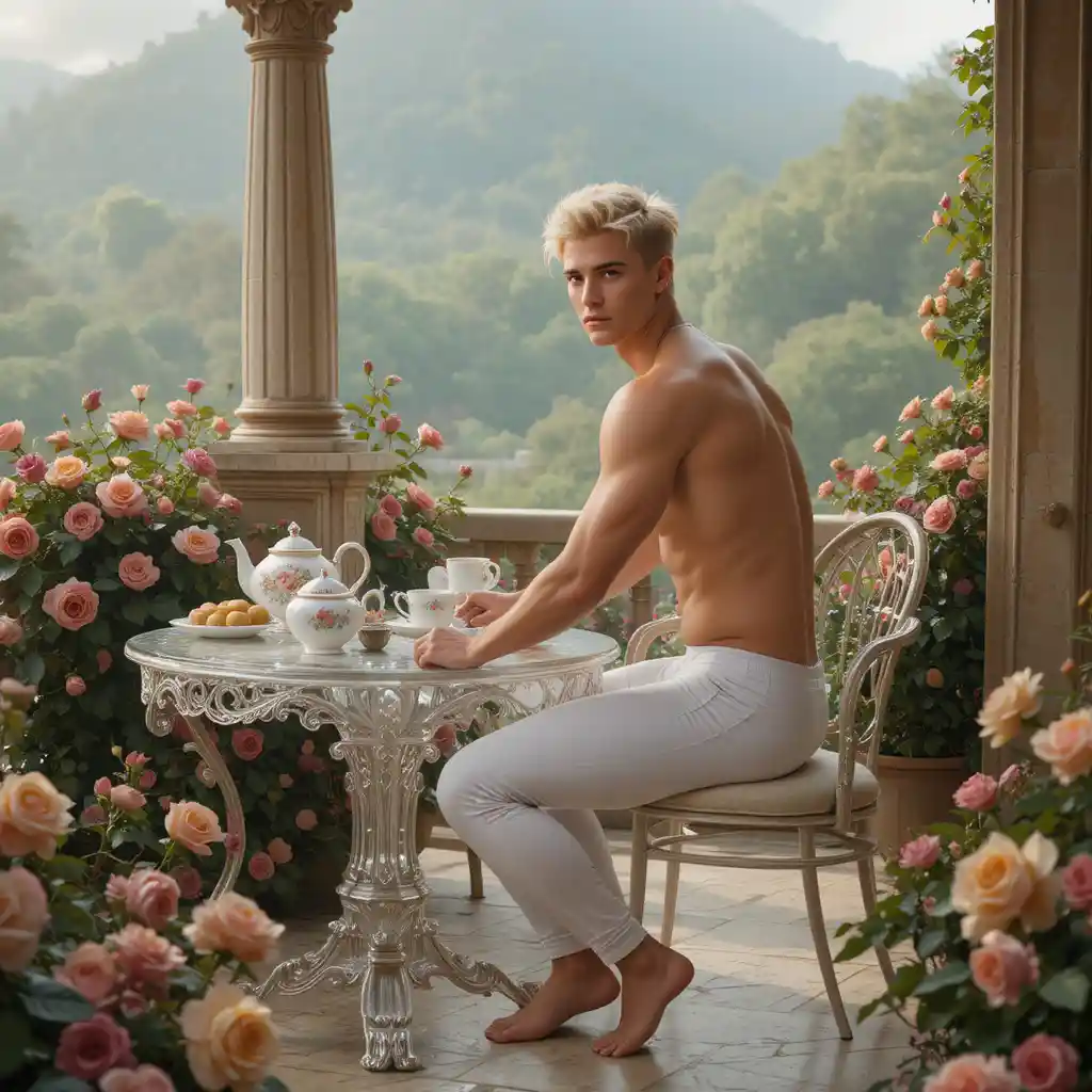 Young blond man on villa veranda at crystal tea table