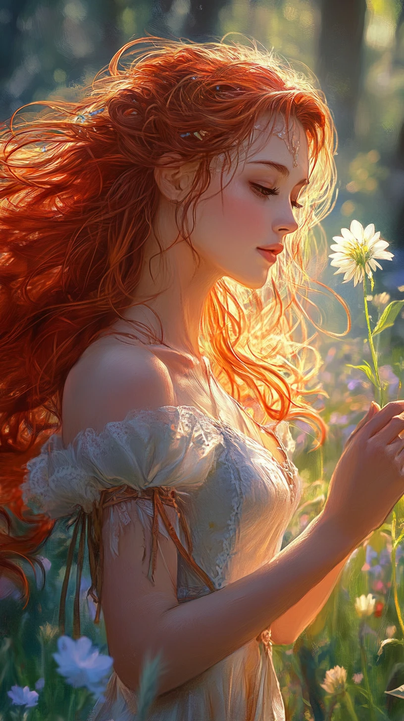 Red haired anime woman standing in a summer flower field