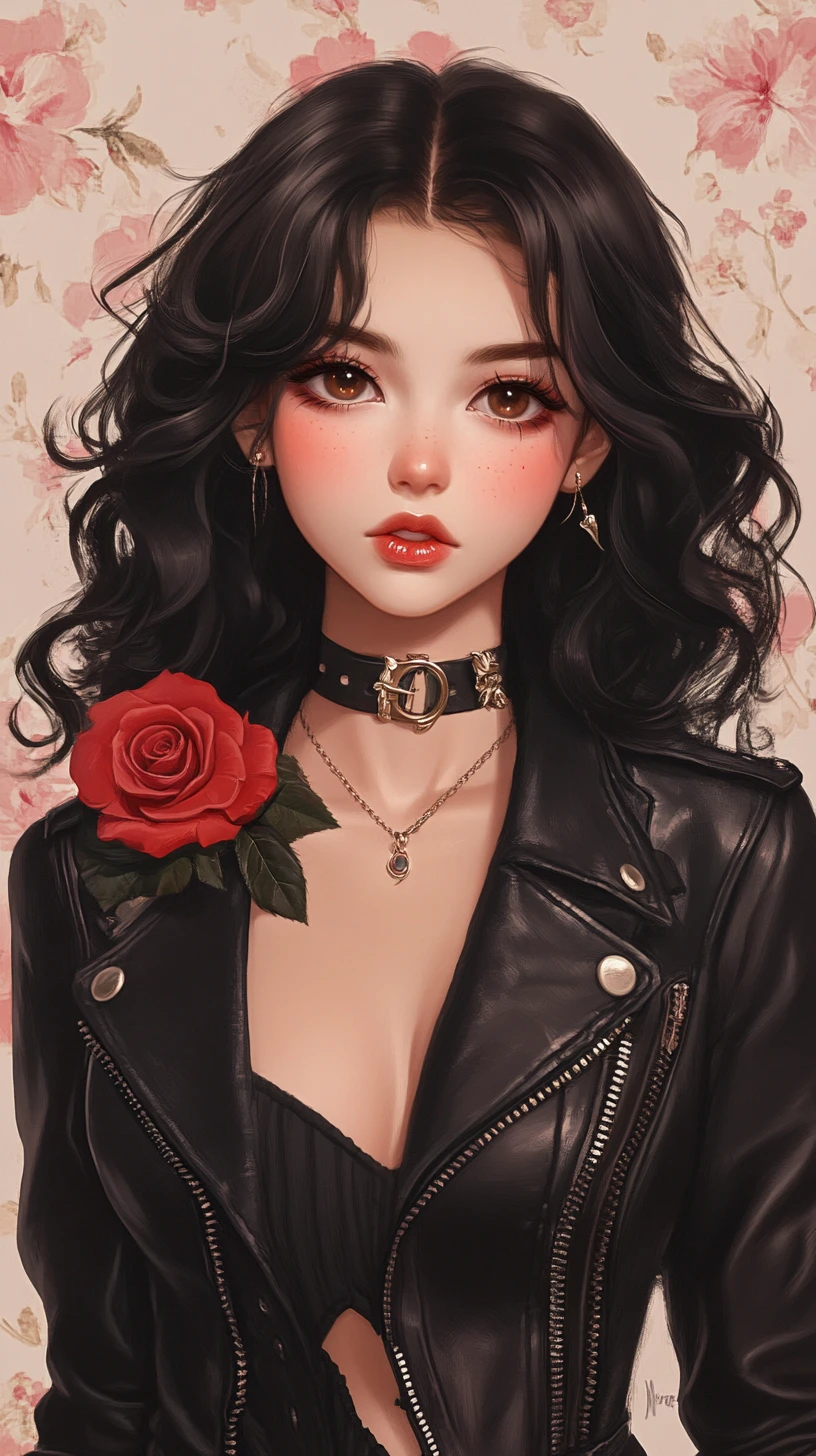 Gothic anime girl in leather jacket with red rose