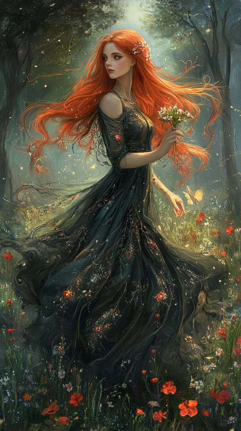 Red haired anime woman standing in a bright flower meadow