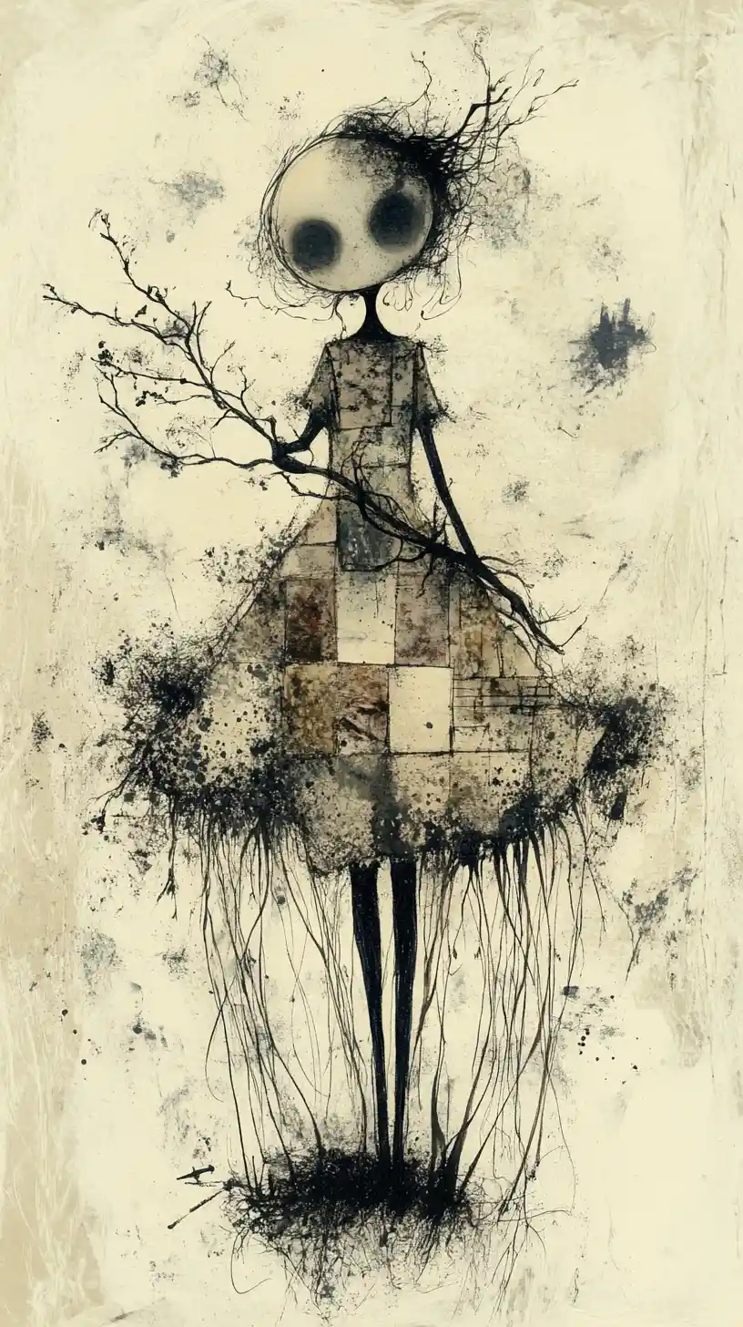 Melancholic girl holding glowing fungi branch in fibers