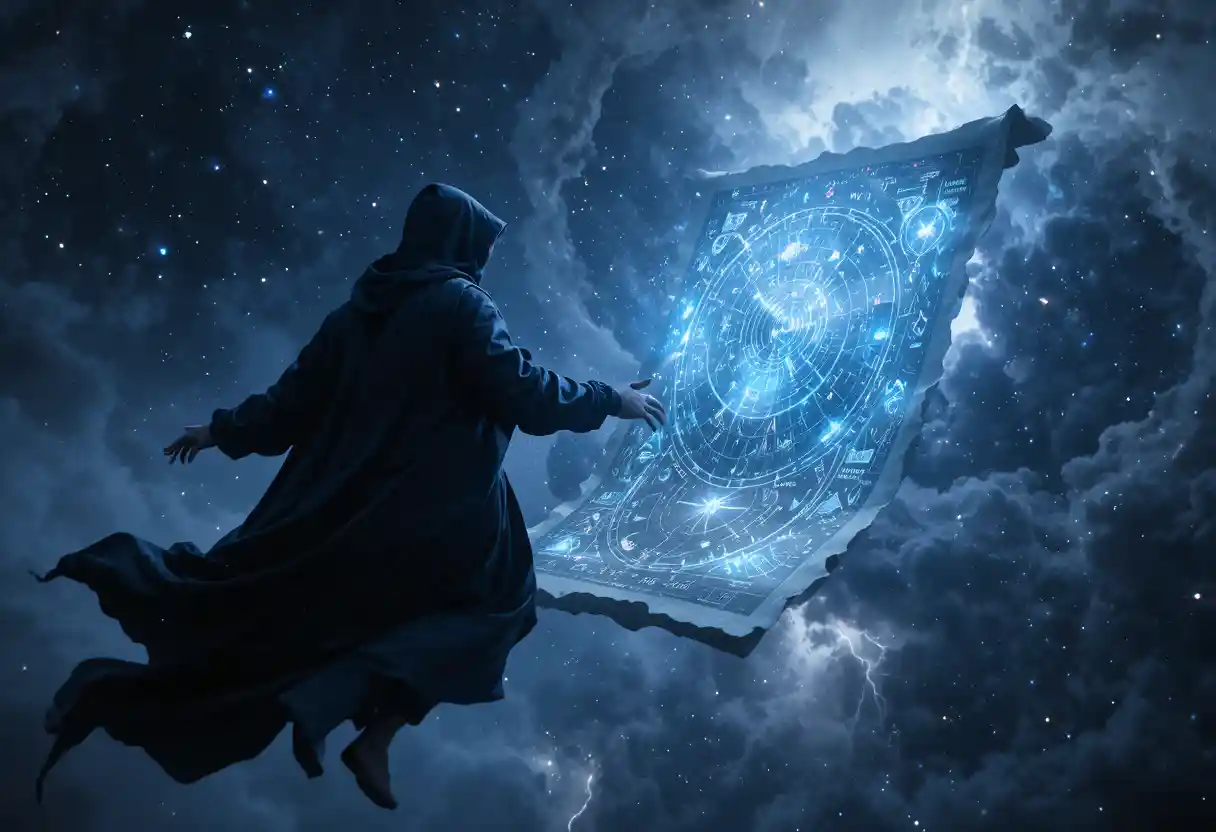 Dark monk drifting in a cosmic void with arcane scroll