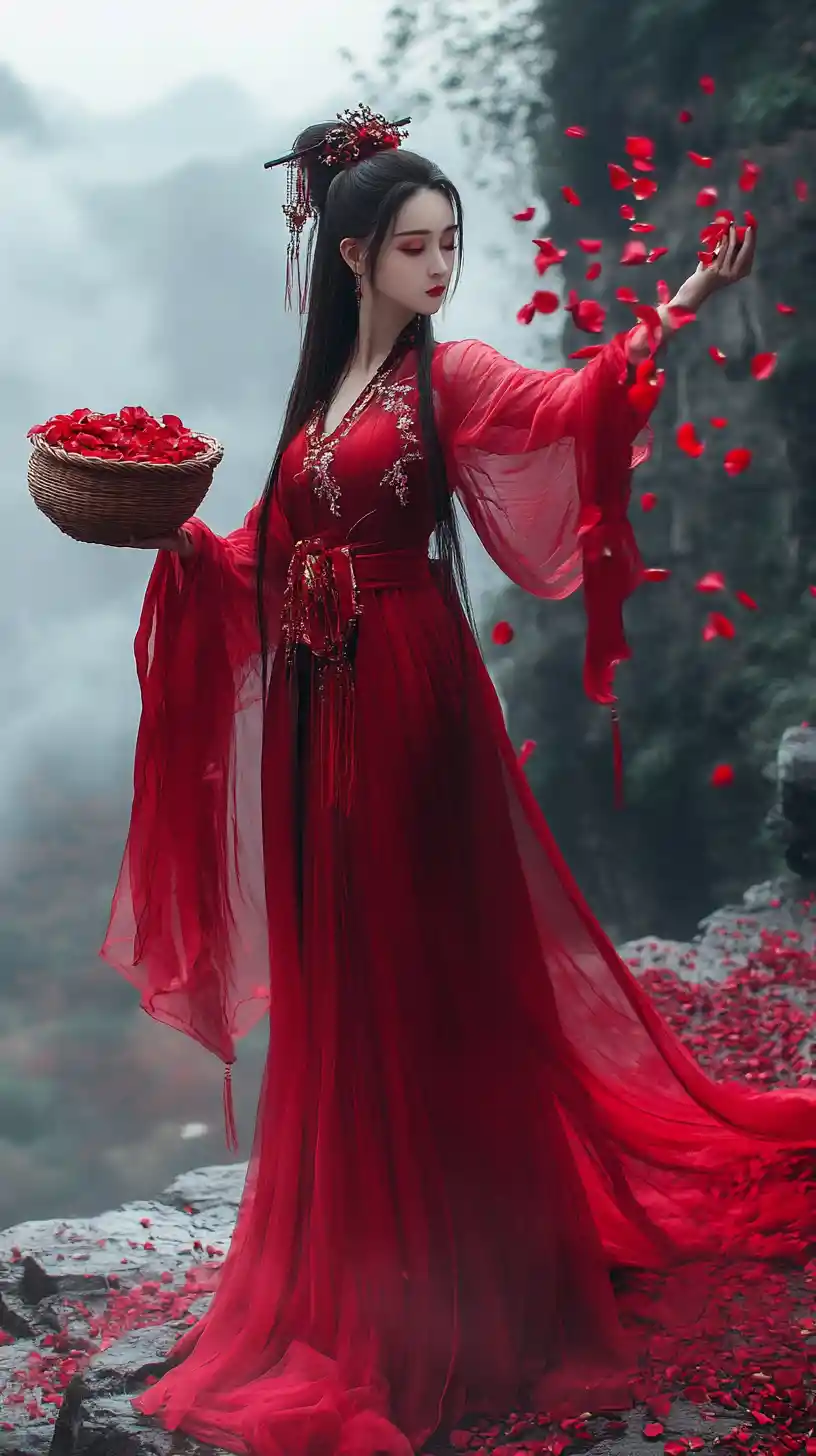 Woman in red hanfu scattering rose petals over cliffs