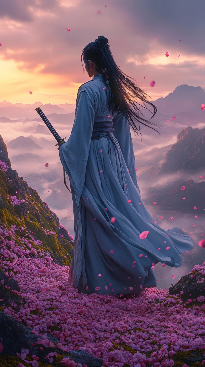 Lone female warrior on cliff at sunset over misty mountains