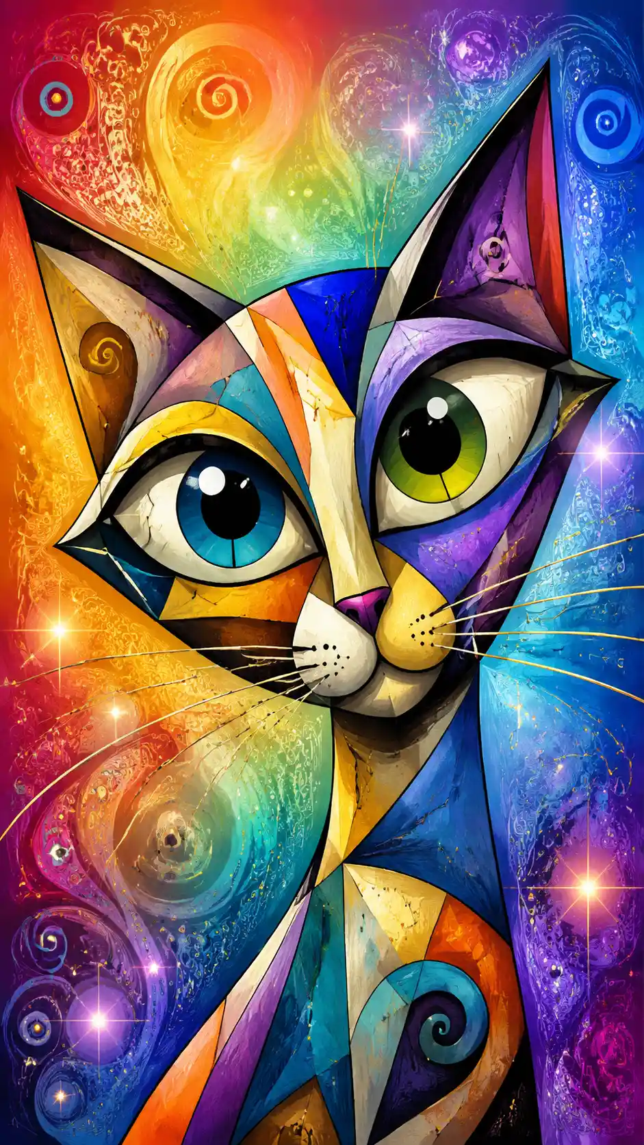Playful cubist cartoon cat close up on rainbow background
