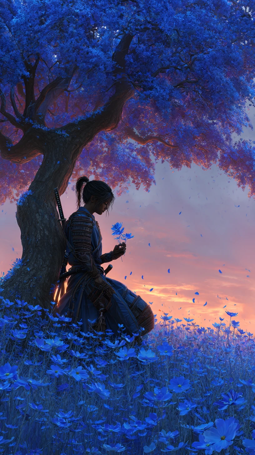 Melancholic samurai woman in blue flower field at sunset
