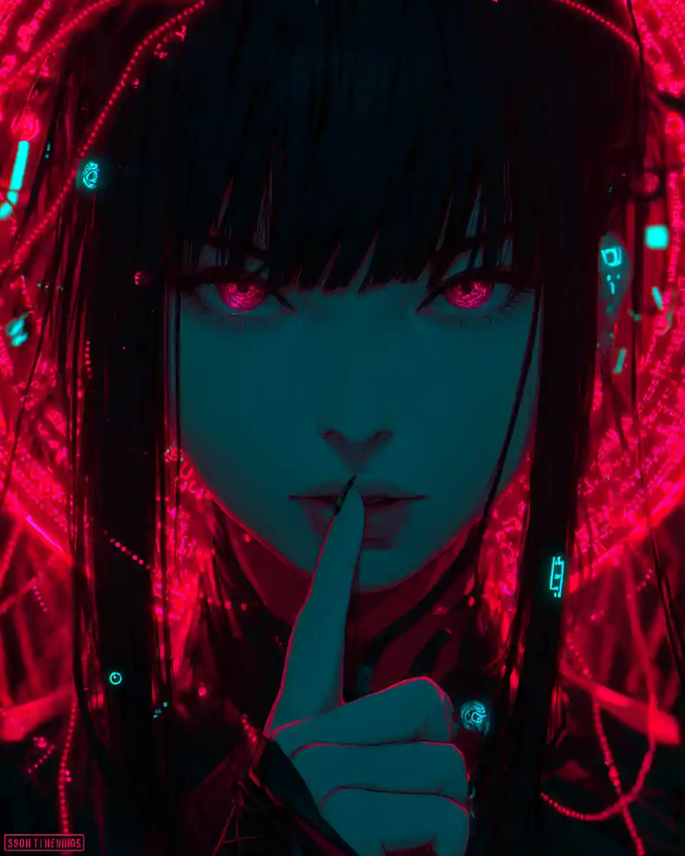 Cyber occult anime woman with glowing runes and halo