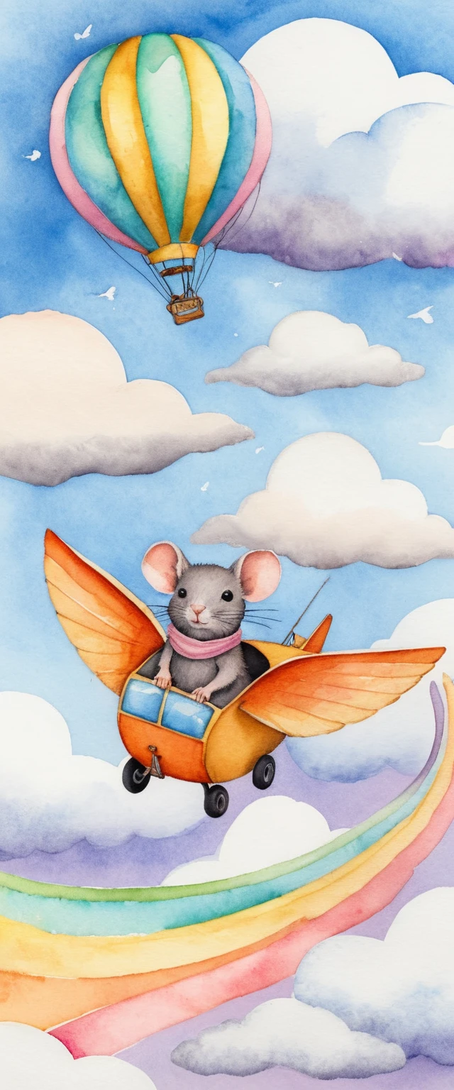 Playful raccoon flying a paper plane in pastel sky