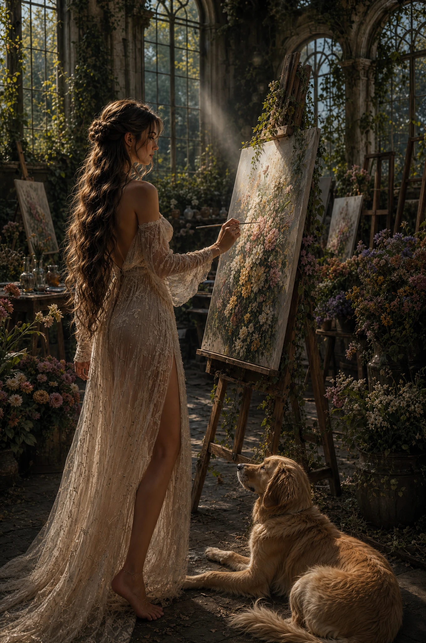 Young painter in glasshouse studio with golden retriever