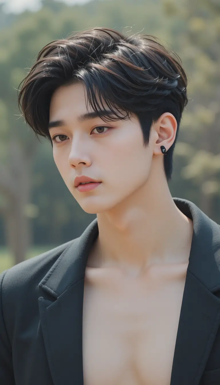 Joven coreano elegante en retrato exterior de medio cuerpo
