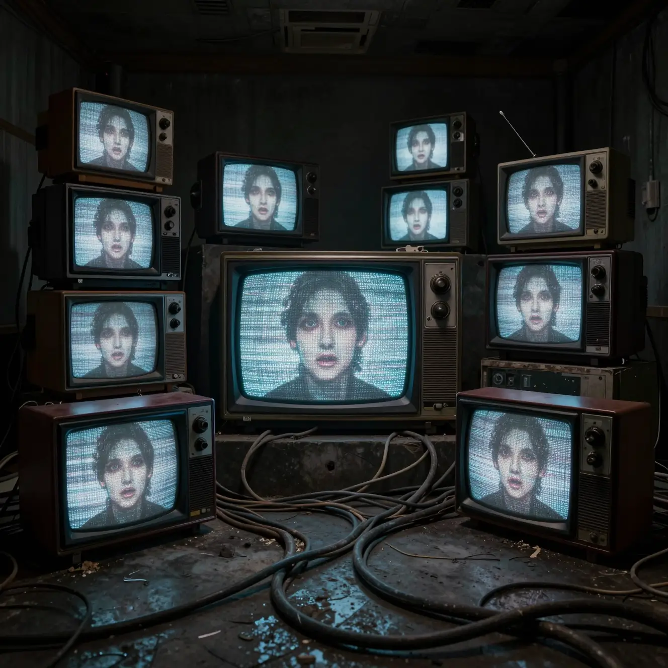 Abandoned television studio filled with staring faces on monitors