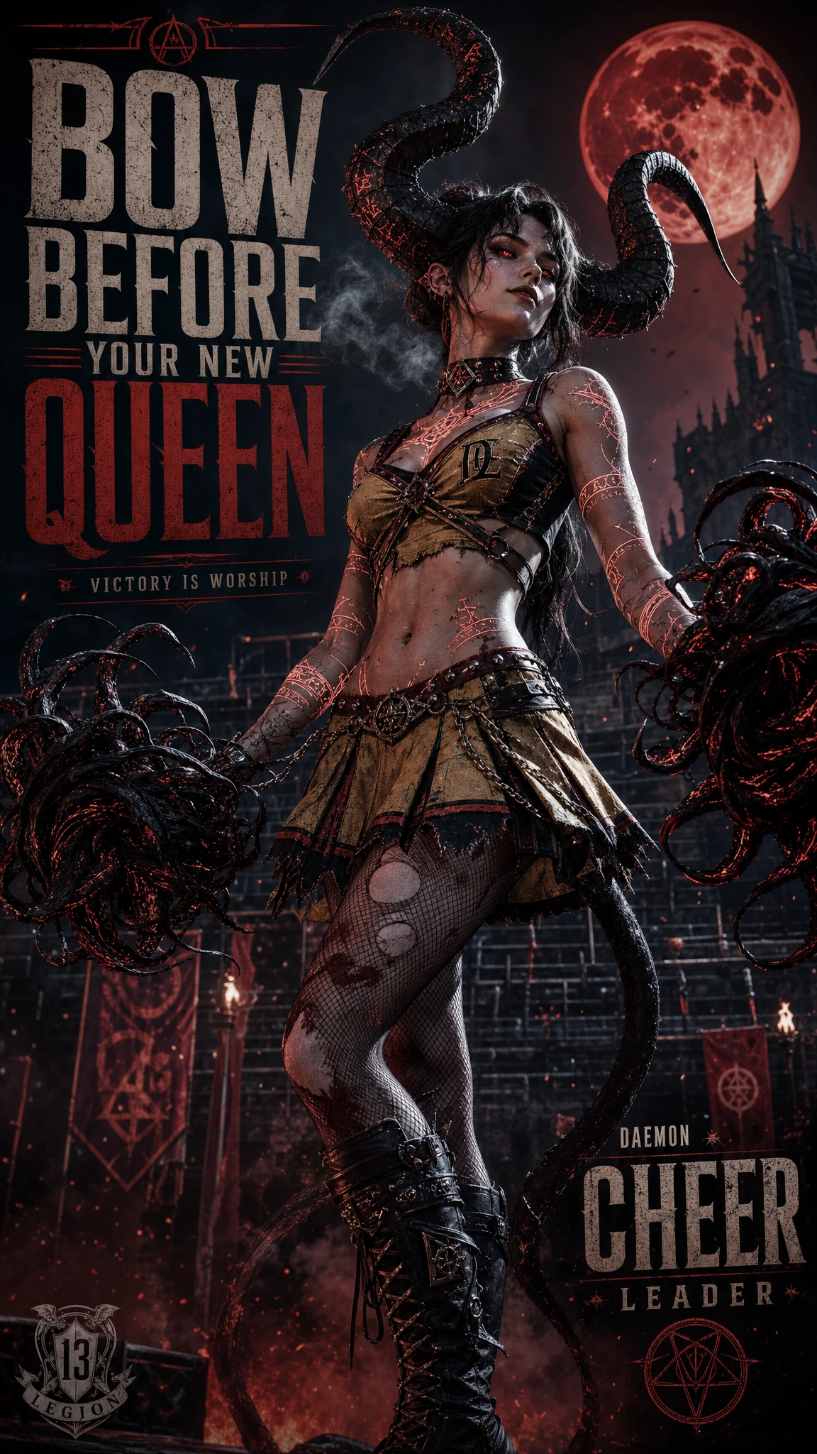 Demonic cheerleader with horns in a gothic stadium